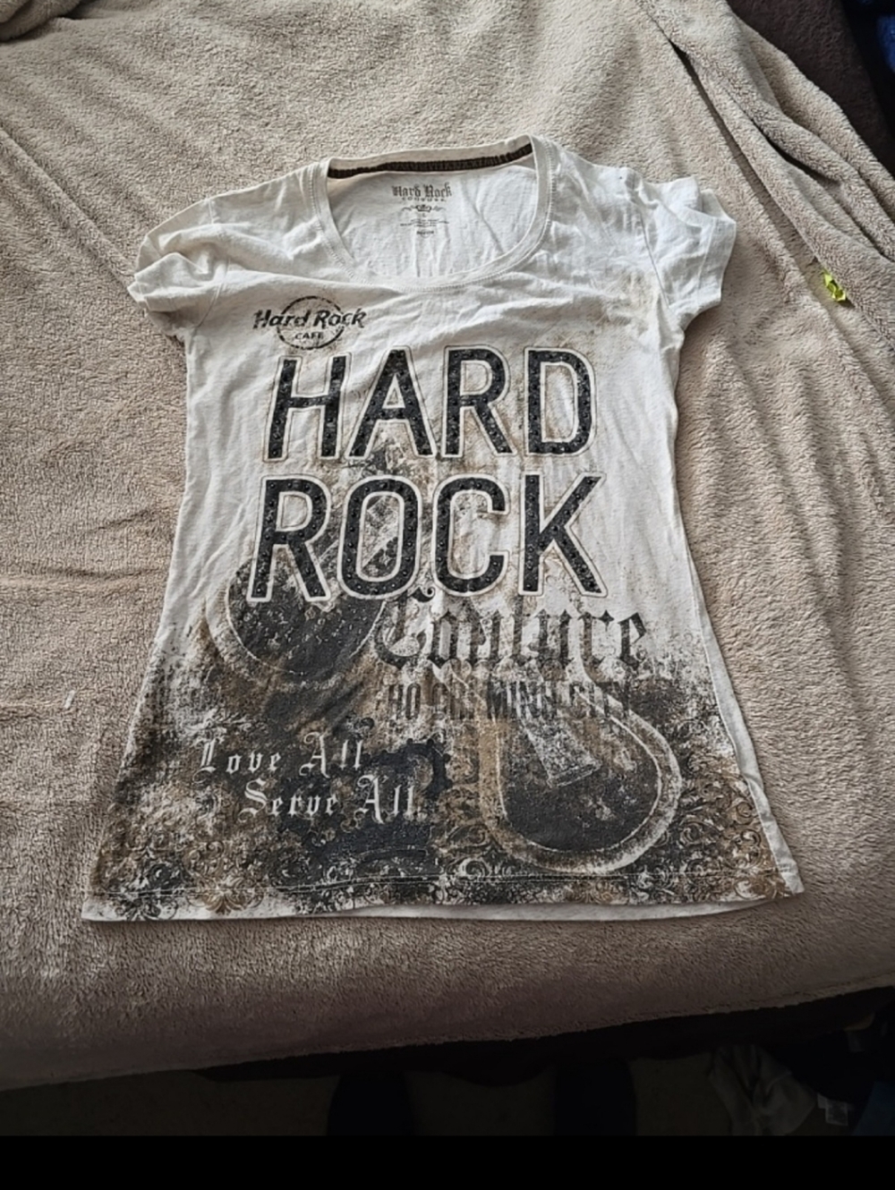 050226 Hard Rock Couture Shirt L Juniors Short Sleeve Beads Graphic Tan Brown#bo